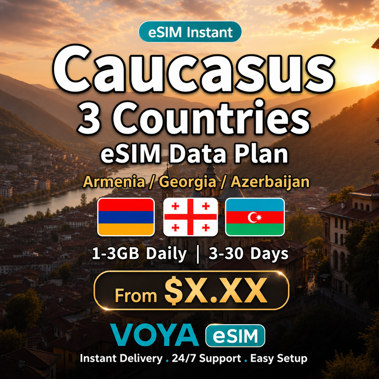 【eSIM】Caucasus 3-Country Data Plan | Armenia/Georgia/Azerbaijan | 1-3GB Daily | 3-30 Days